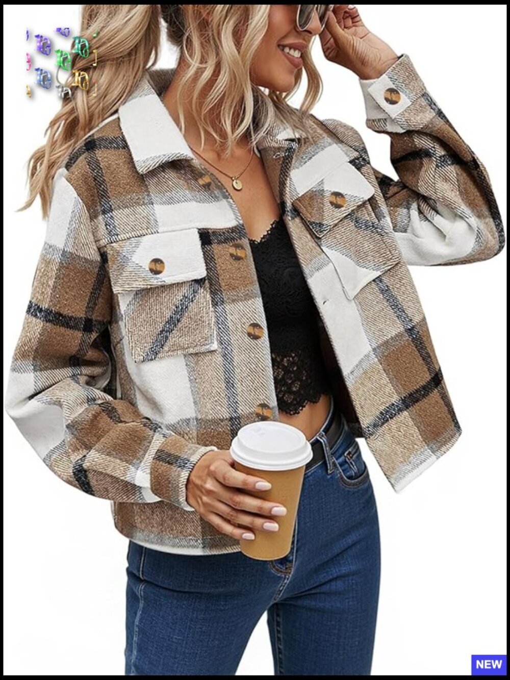 Cropped Plaid Shacket Jacket Long Sleeve Button Down Top Pockets - Picture 1 of 7